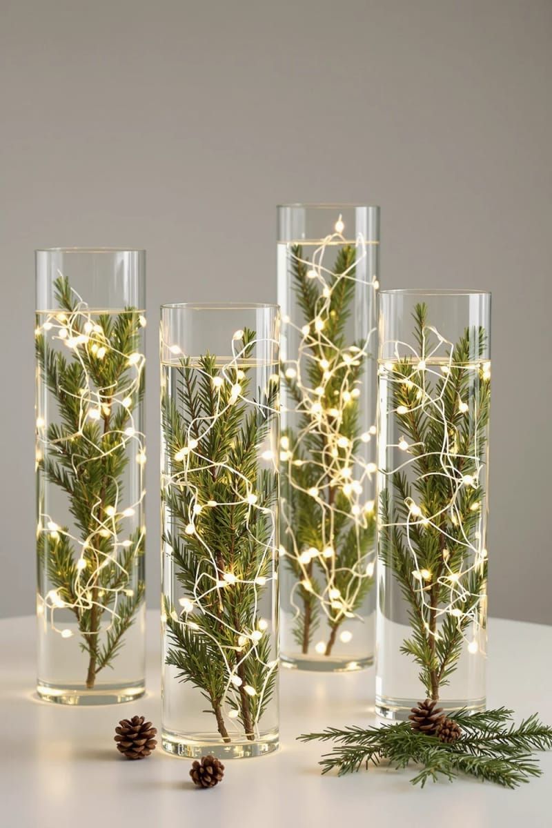 22. Pine Branches Submerged In Tall Cylinder Vases