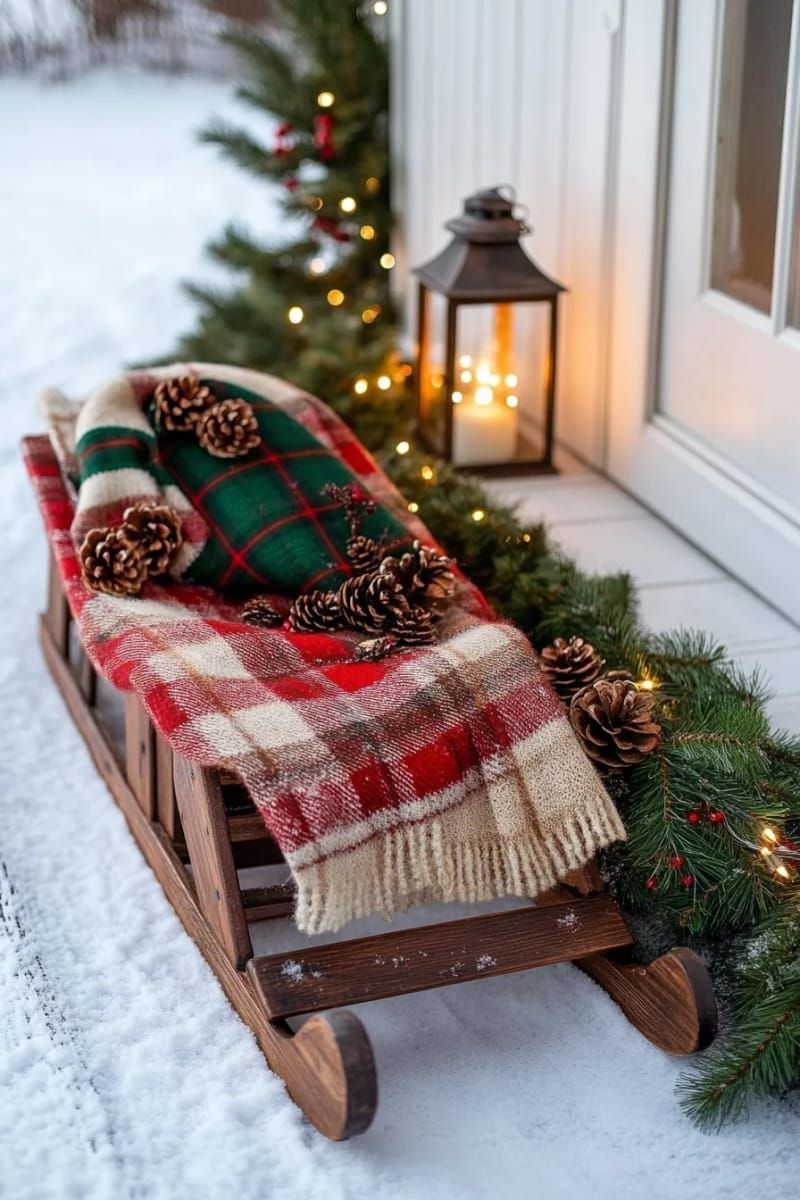 21. Wooden Sleds Styled With Plaid Blankets and Pine - photo 3