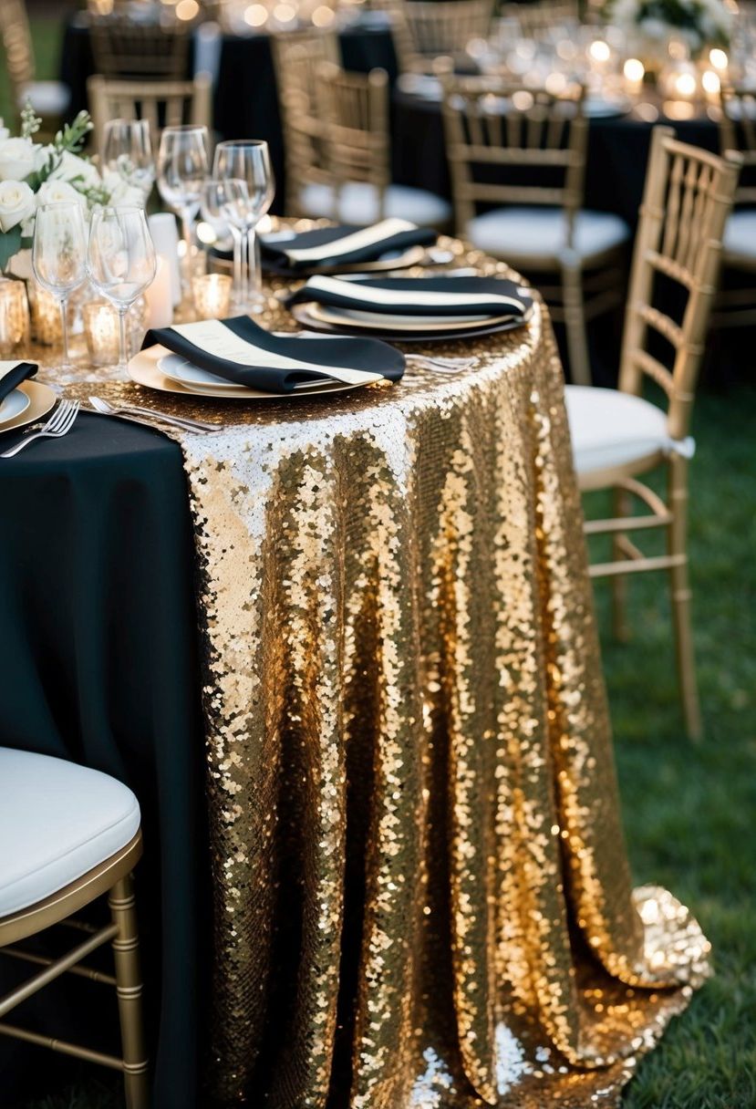 15) Black and gold sequin table linens