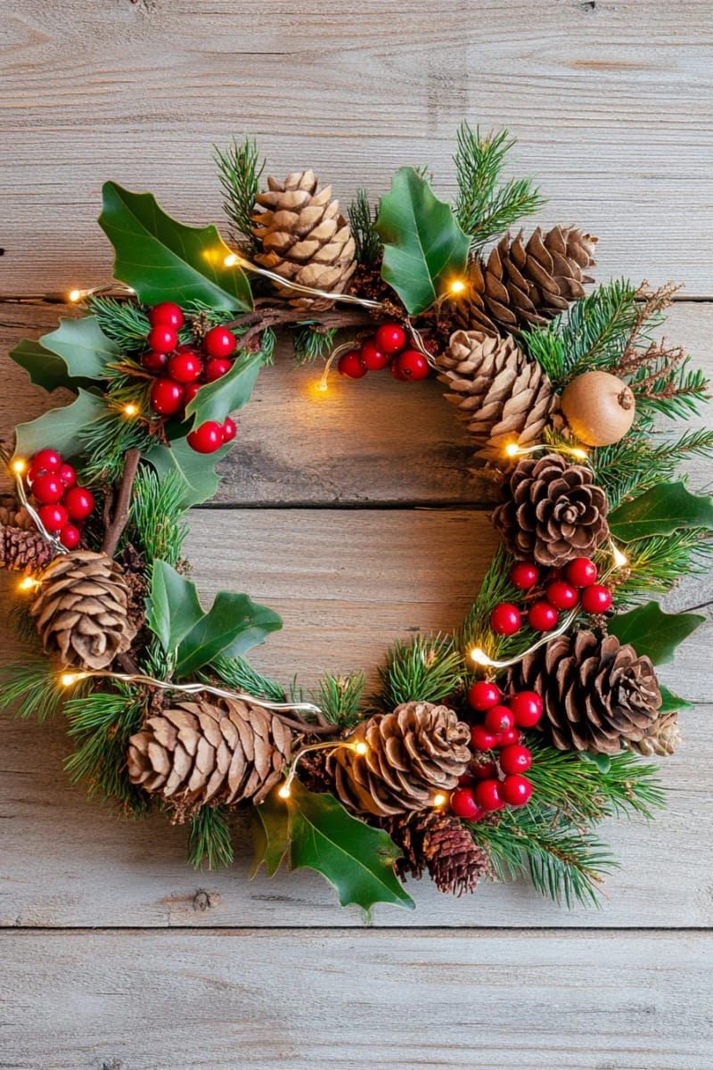 9. Pinecone and berry wreath with fairy lights