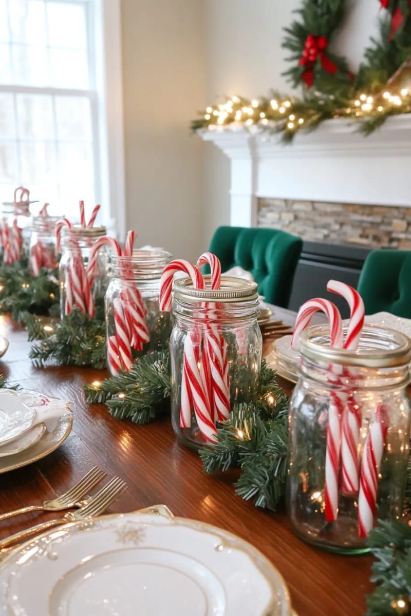 9. Mason Jar Centerpieces With Candy Canes