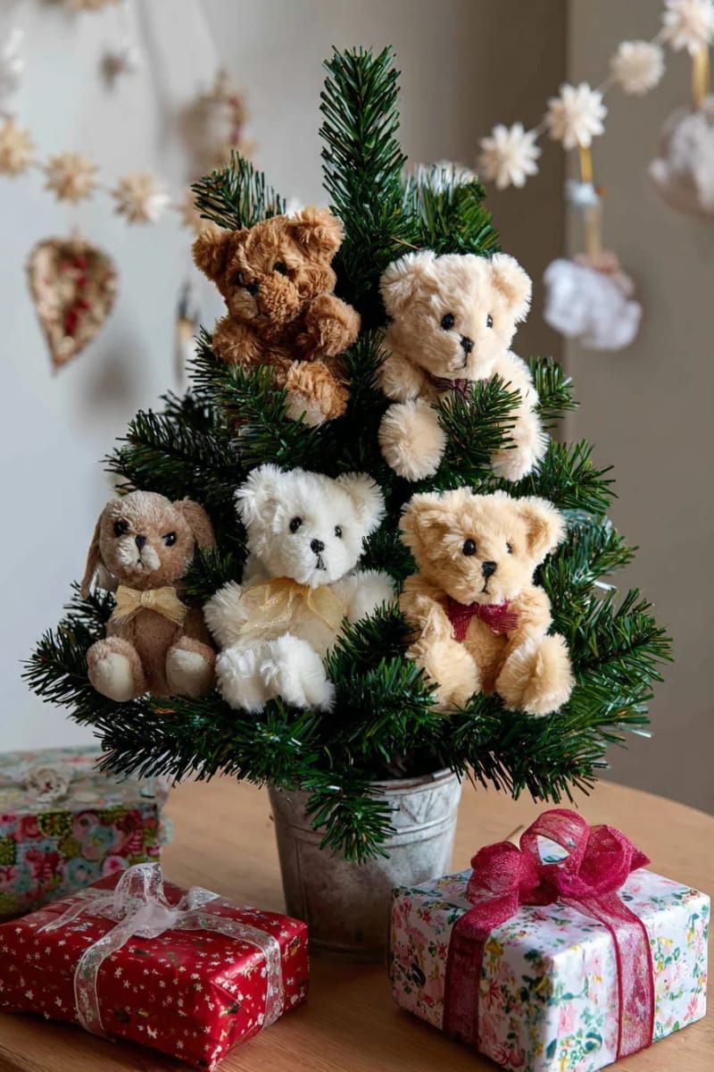 6. Plush animal ornaments on a child-safe tree