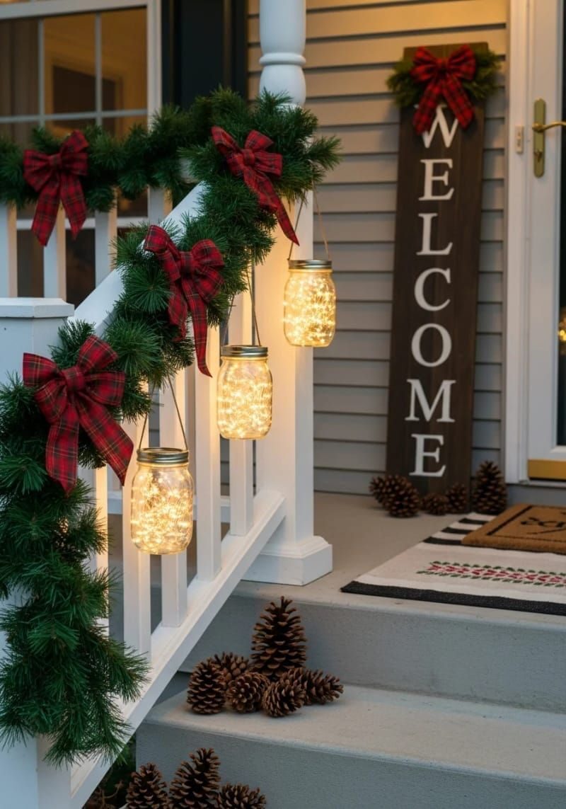 6. Mason Jar Lanterns Strung on the Railing