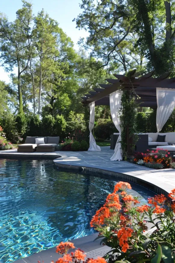 Cozy Poolside Pergola With Flowers