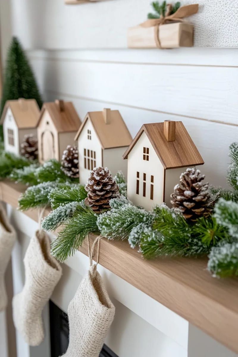 15. Farmhouse Mantel With Wooden Houses And Greenery - photo 2