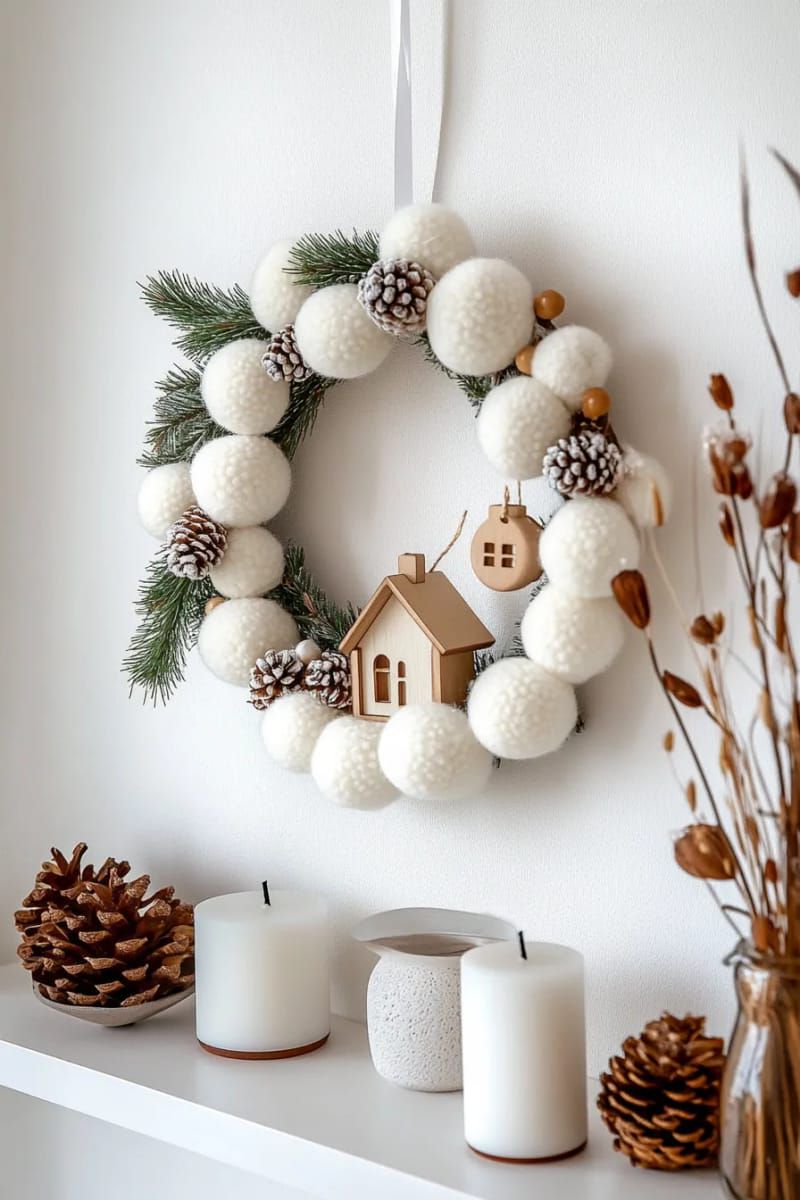 6. White Pom-Pom Wreath With Wooden Houses