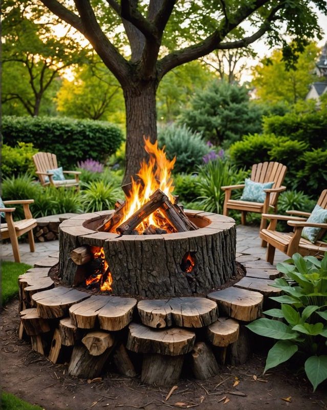 Wood-Burning Fire Pit with Tree Stump Seating
