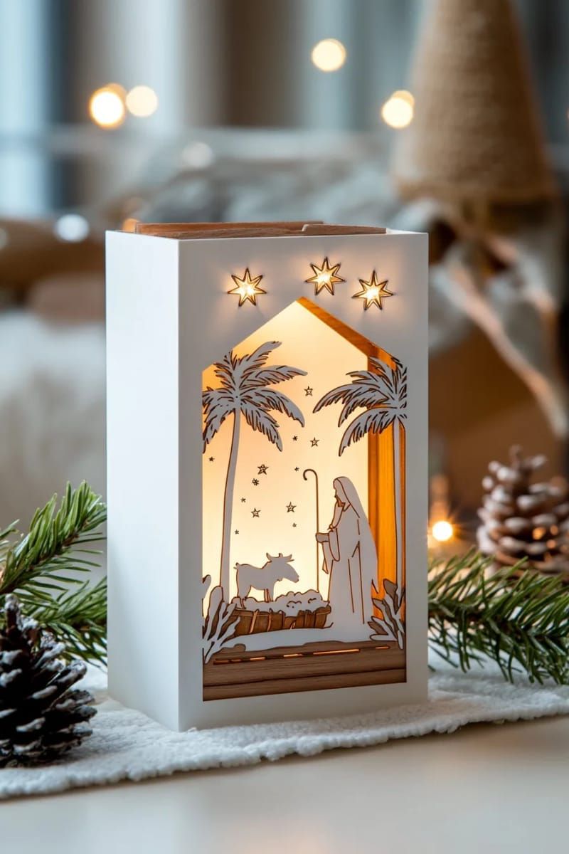 2. Layered nativity shadow box with warm LED lighting