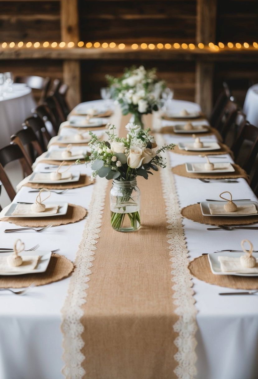 1) Pair burlap table runners with lace overlays
