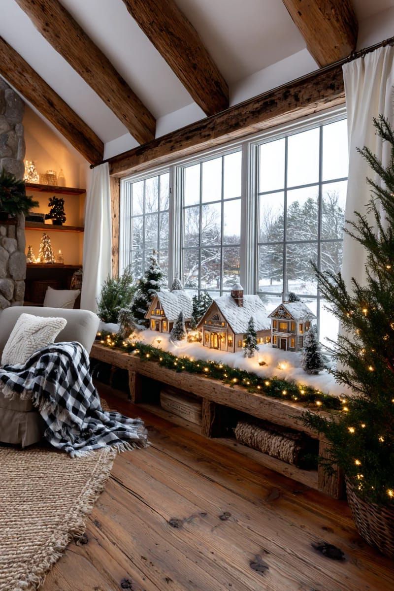 22. Festive window sill village scene with glowing tea lights
