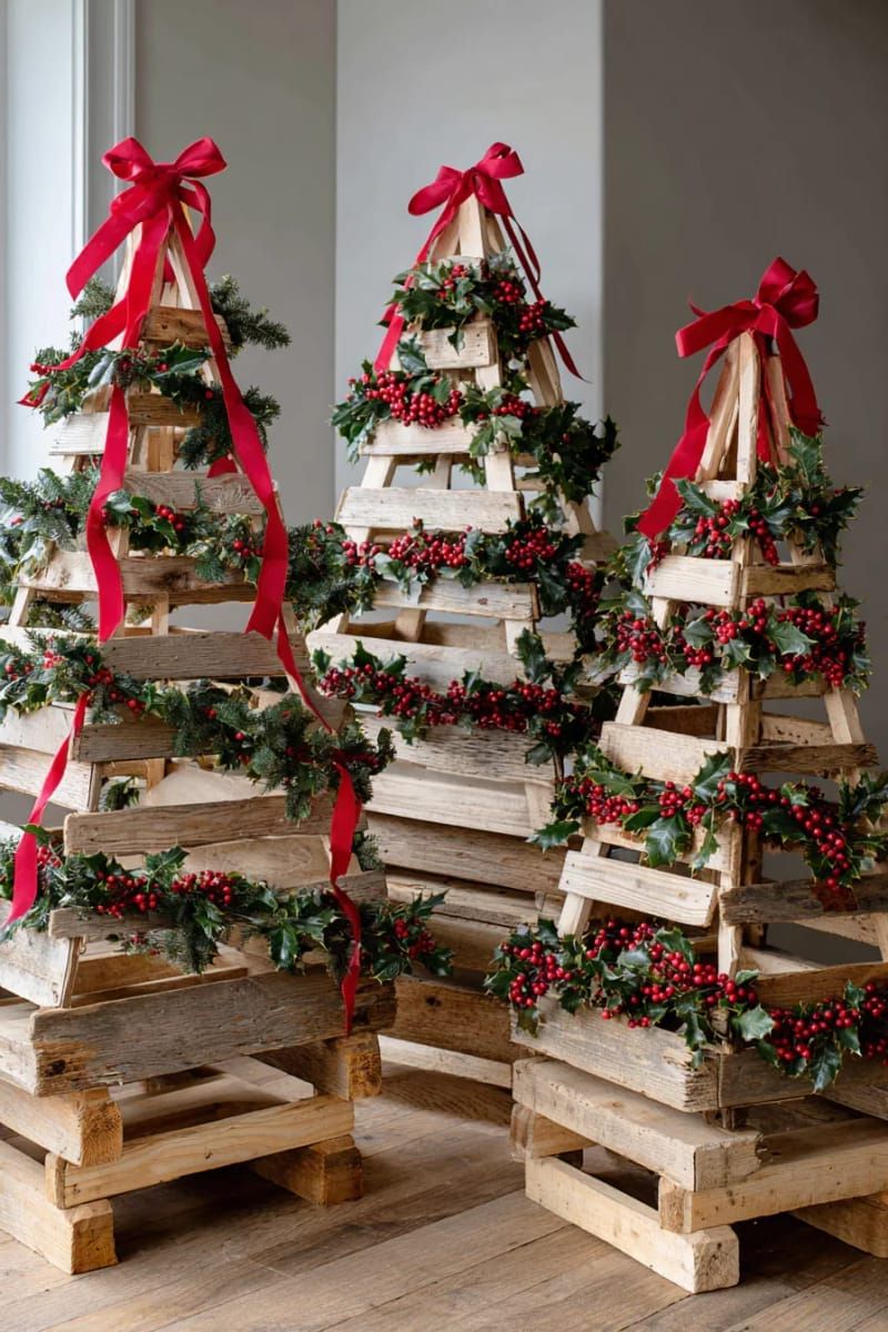 20. Reclaimed pallet tree trio with ribbons and holly - photo 2