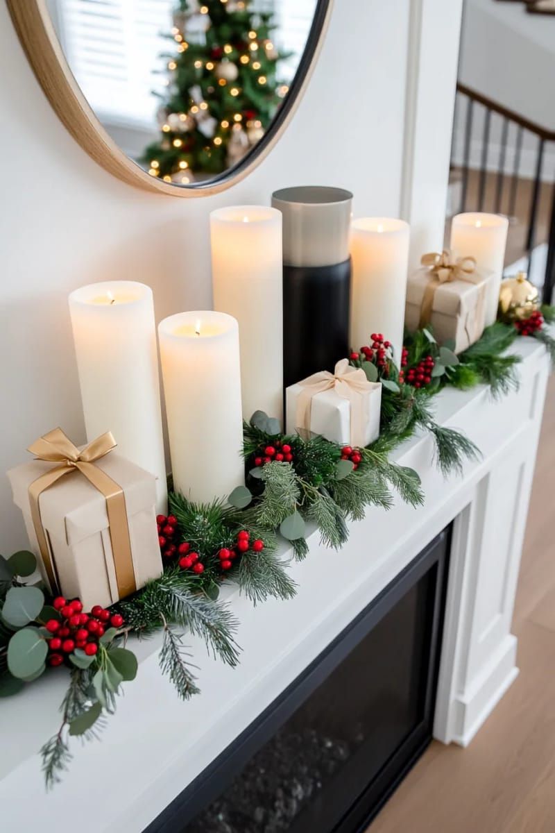 6. Layered mantel with foliage, berries, and candles - photo 2