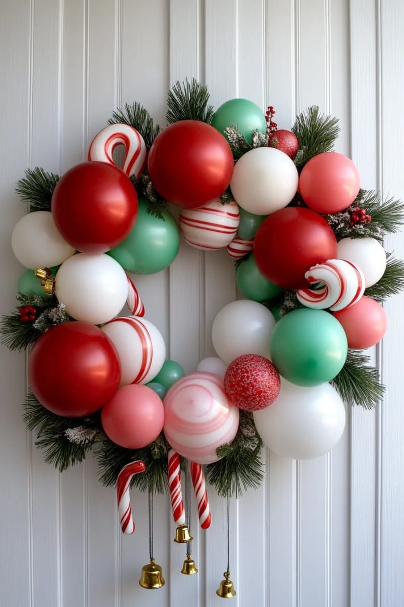 21. Square balloon wreath with candy canes and bells