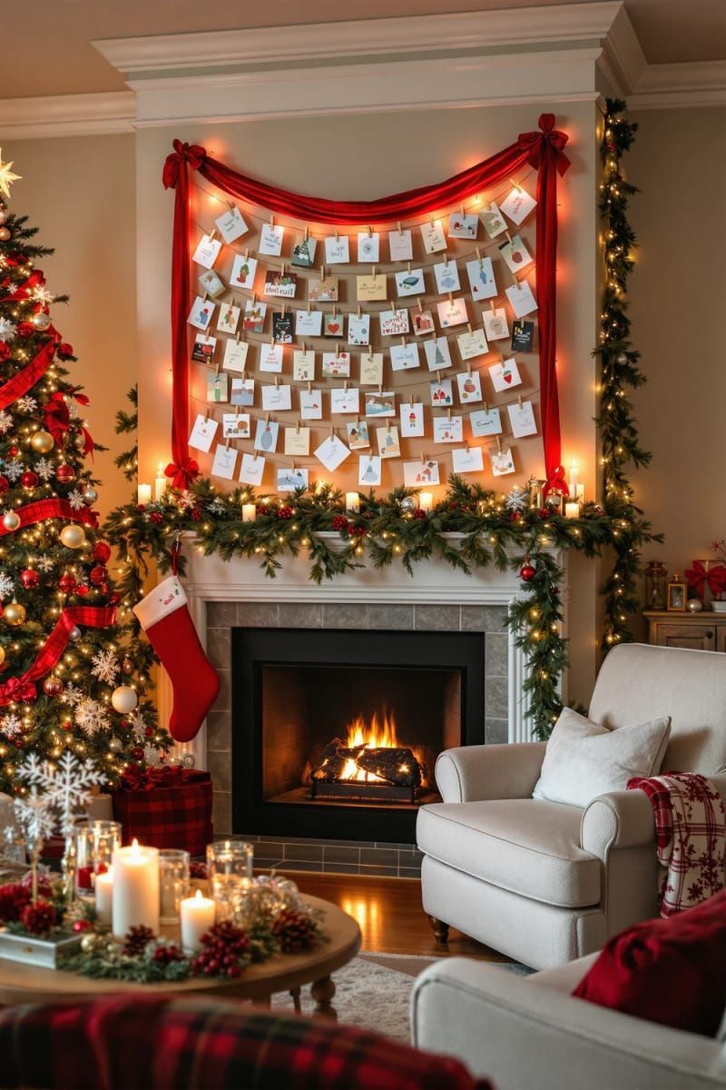 23. Holiday card arrangement with red ribbon and small clothespins on the wall - photo 2