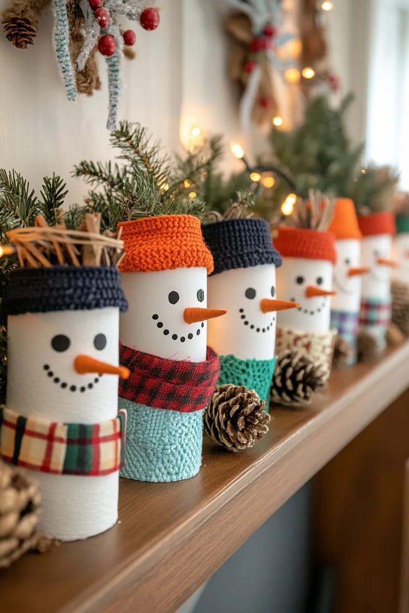 24. Paper Roll Snowmen with Button Eyes for the Mantel