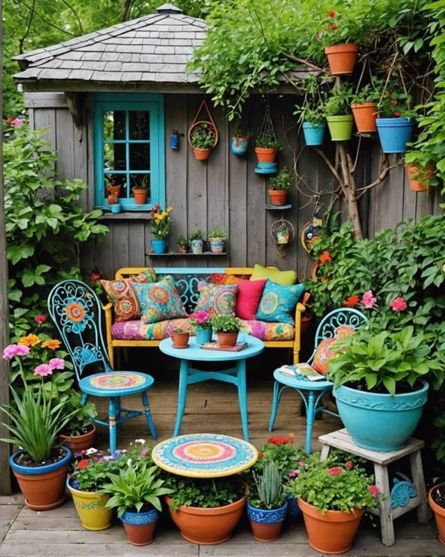 Whimsical Garden With Mismatched Chairs And Painted Pots