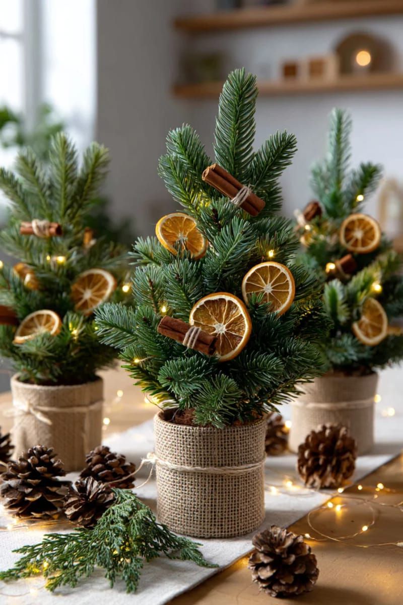 20. Mini Trees Decorated With Orange Slices and Cinnamon