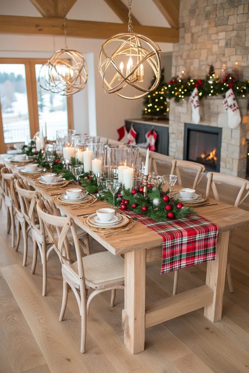 12. Farmhouse Table Style: Plaid, Pine, and Candles