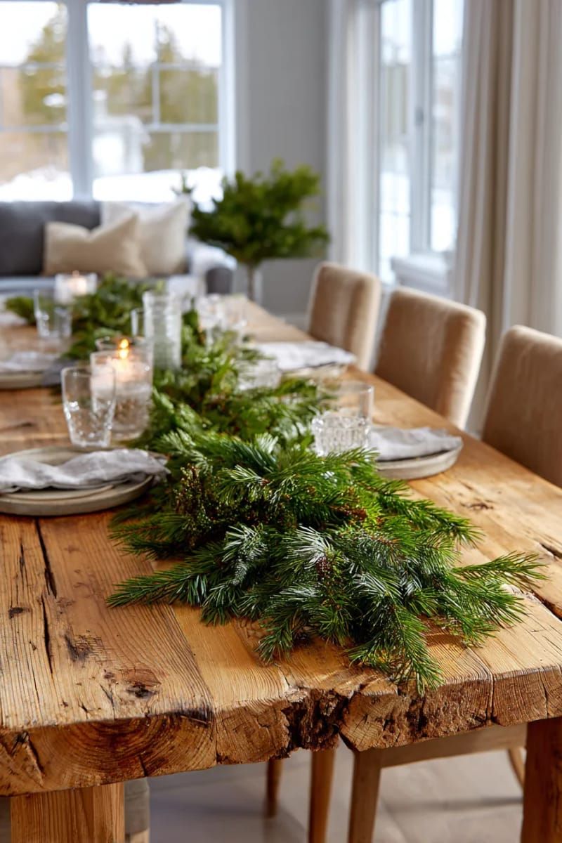 9. Simple Pine Garland Down A Farmhouse Table