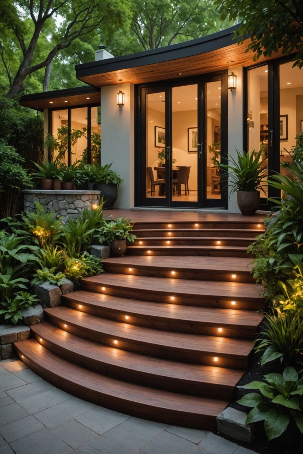 Curved Wooden Steps for a Grand Entryway