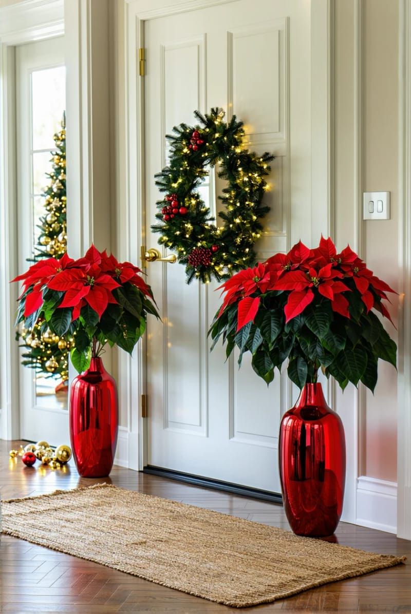 6. Red Poinsettias in Glossy Pots by the Door