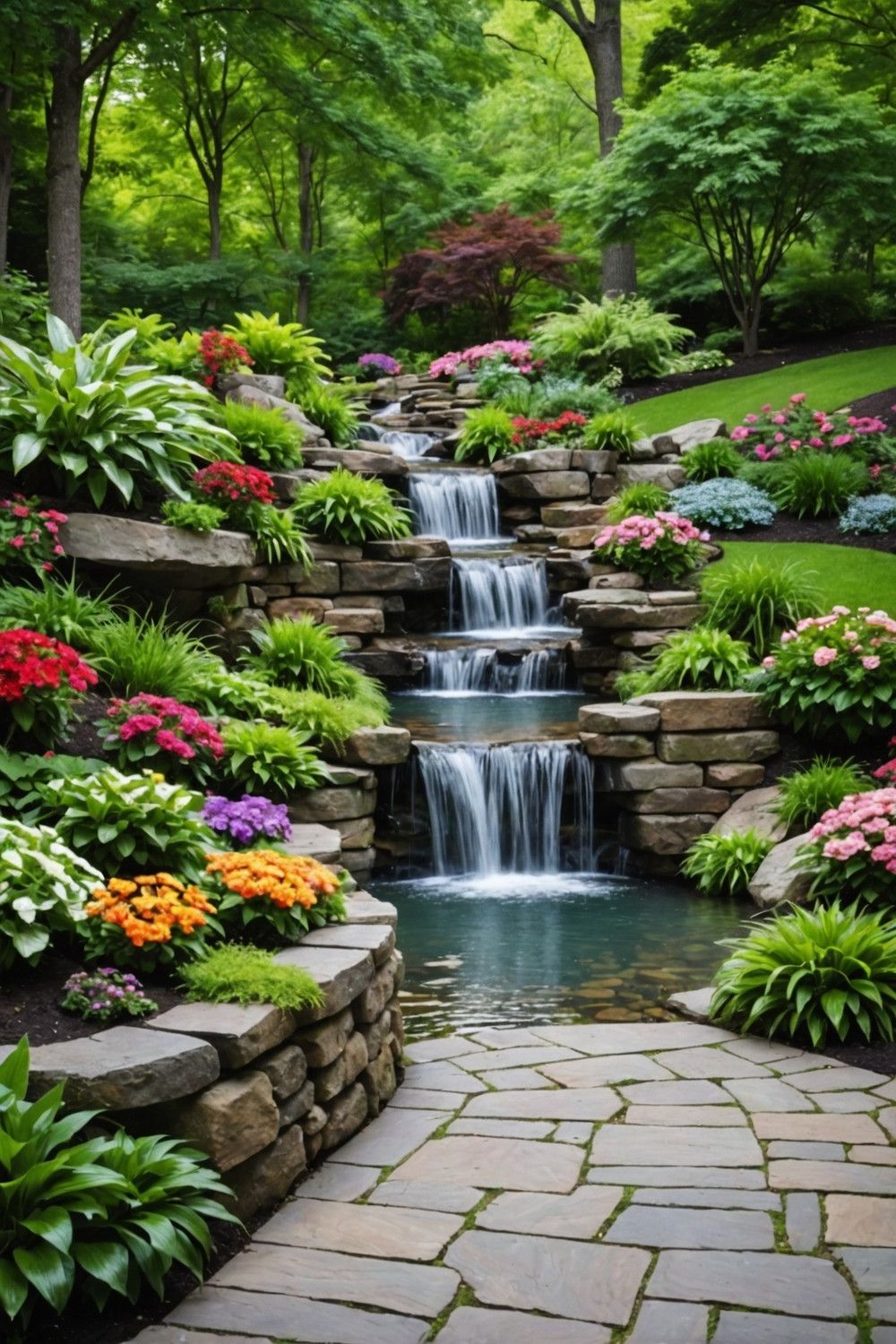 Stacked Stone Wall with Waterfall Feature