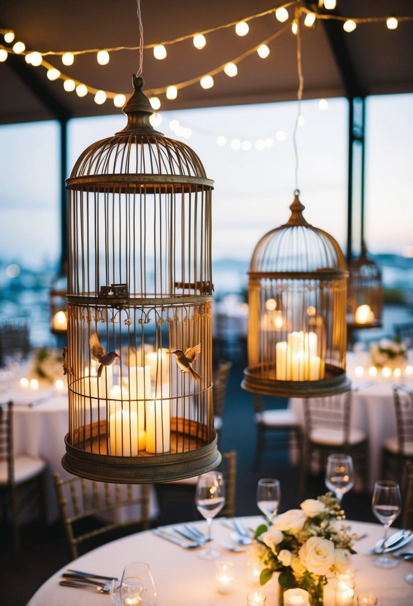 1) Vintage birdcages lit with fairy lights