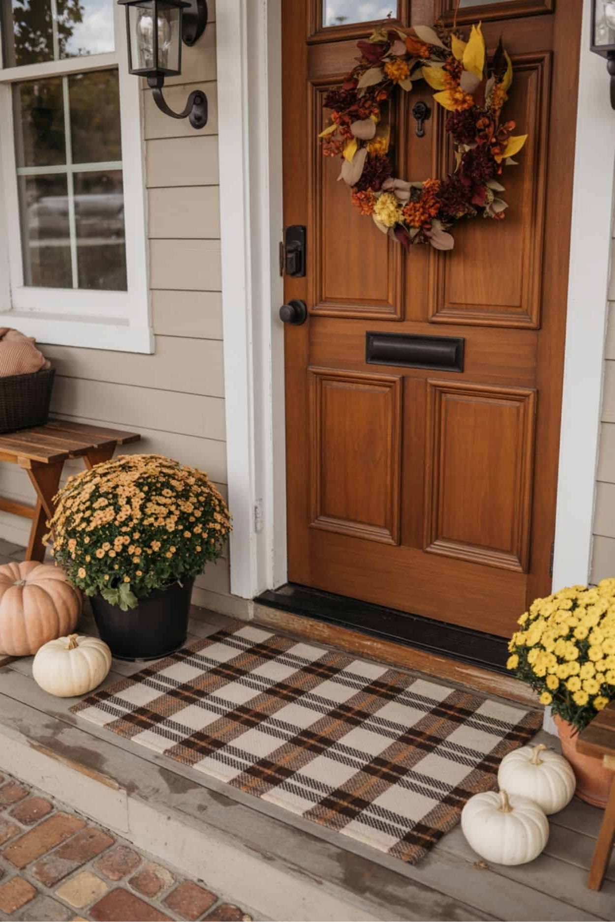Welcome Home with a Plaid Doormat and Cozy Front Porch