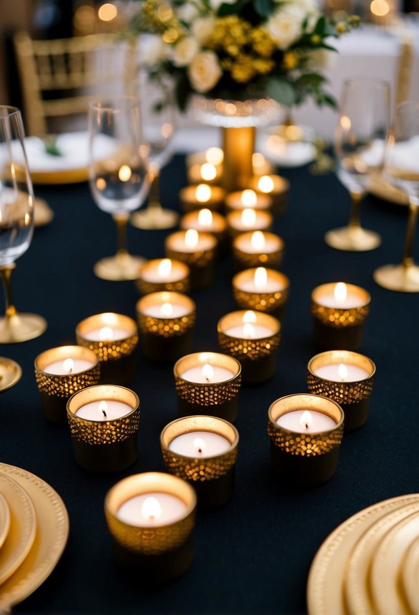 7) Gold votive candles across the tablescape