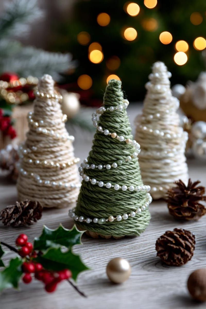 19. Yarn-wrapped cardboard trees with pearl bead garlands