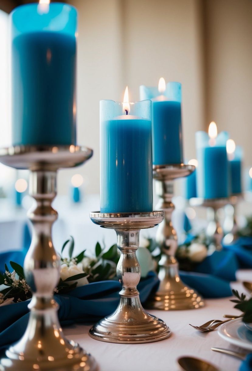 5) Dusty blue candles inside glass holders