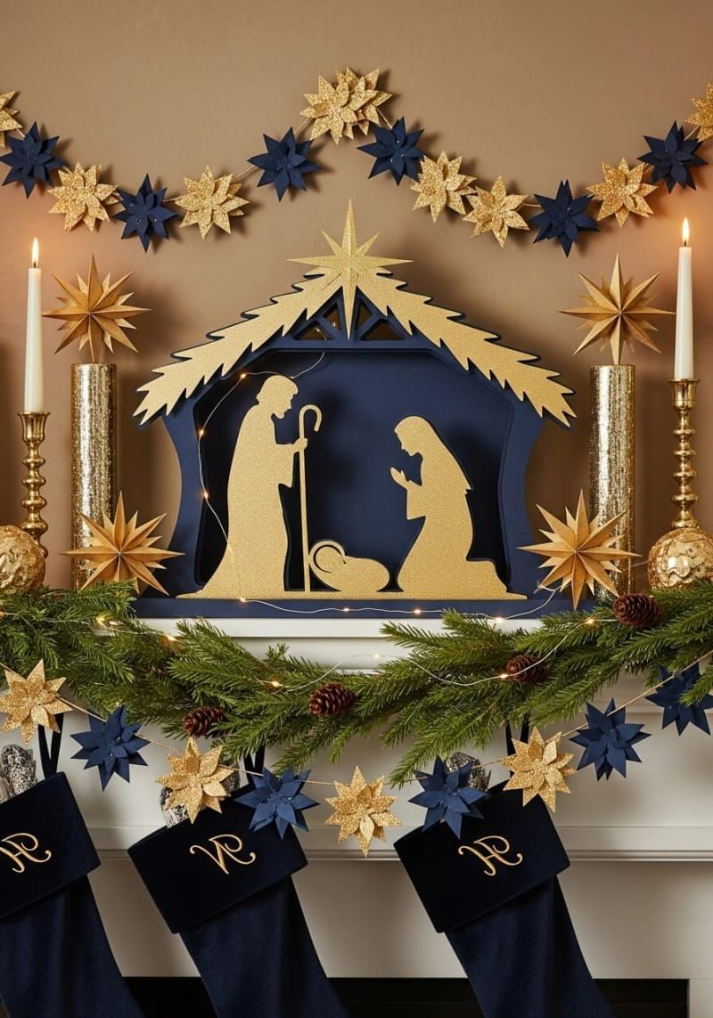 21. Gold and navy layered nativity mantel display