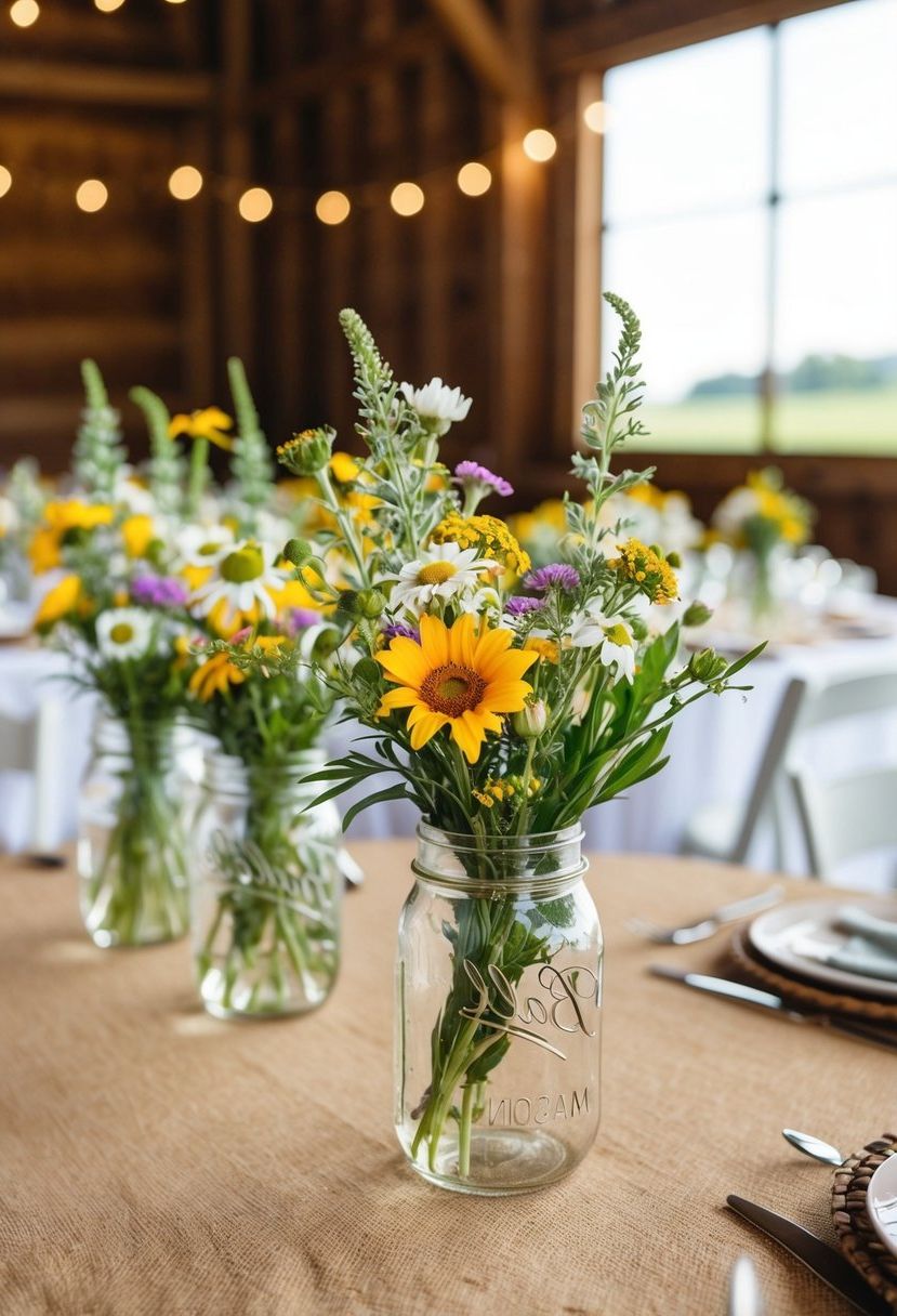 12) Mason Jar Centerpieces With Wildflowers