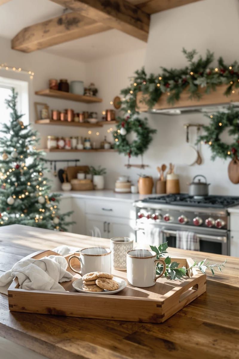 27. Mugs, Cookies, And Holly On A Wooden Tray