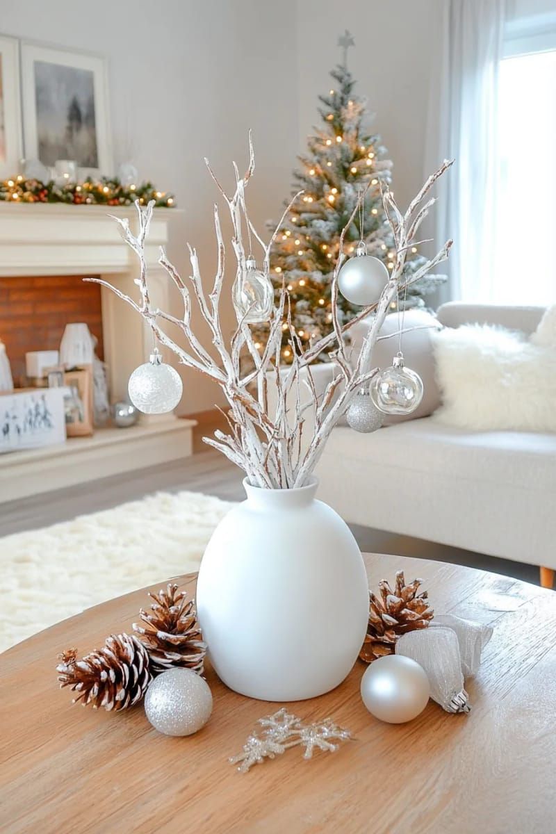 1. White Branch Centerpiece With Ornaments and Lights