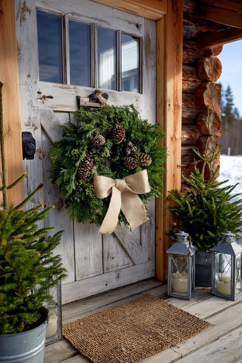 4. Evergreen Wreath with Pinecones and Burlap Bow