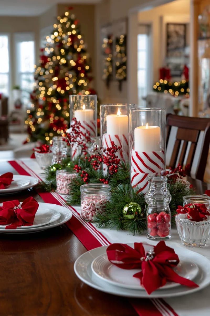 14. Candy cane candles nestled in pine garland - photo 2