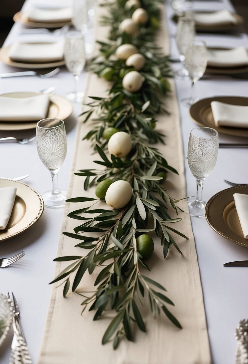 12) Cream Table Runners Styled With Olive Branches