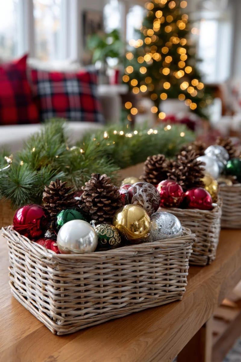 4. Wicker baskets holding glass ornaments and pinecones - photo 3