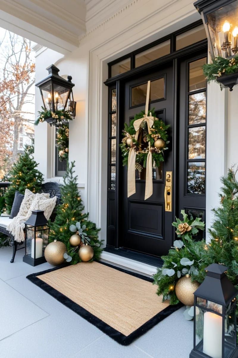 6. Gold and Black Ornaments with Eucalyptus Accents