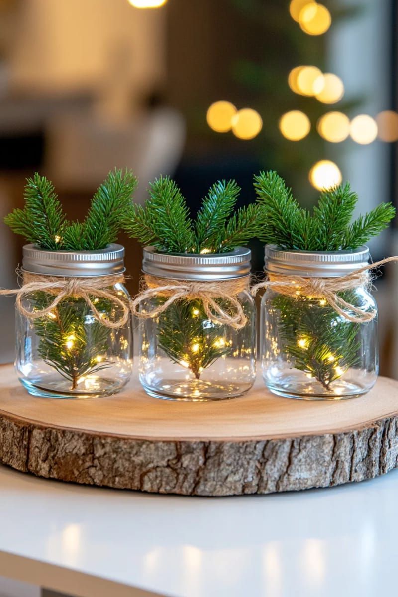 13. Glass jars with pine sprigs and fairy lights