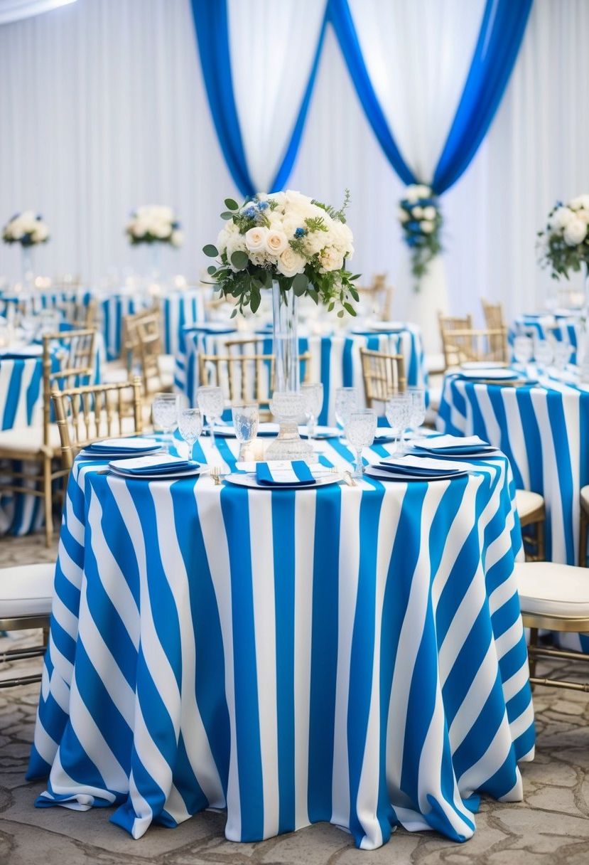 12) Blue and white striped tablecloths