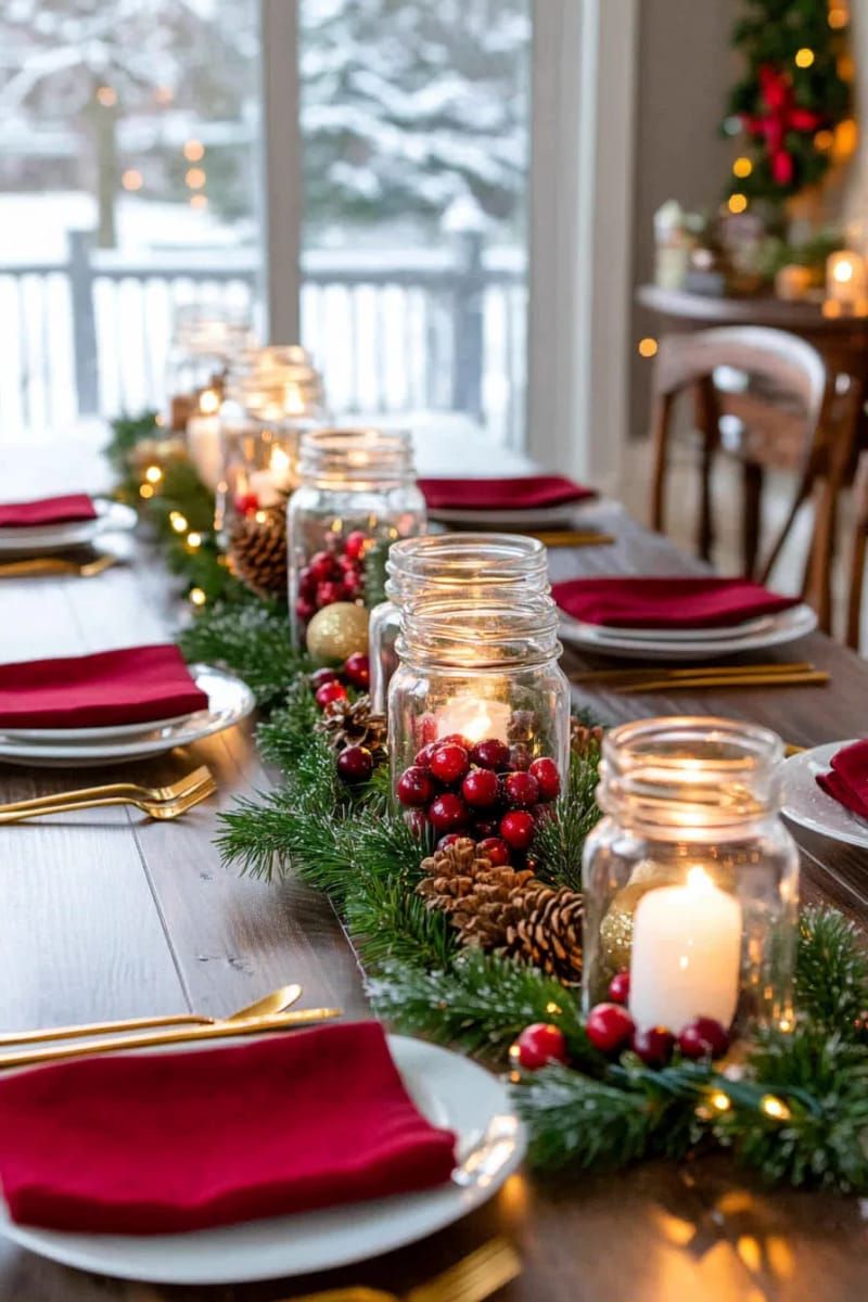 19. Cranberry Mason Jars With Floating Candles