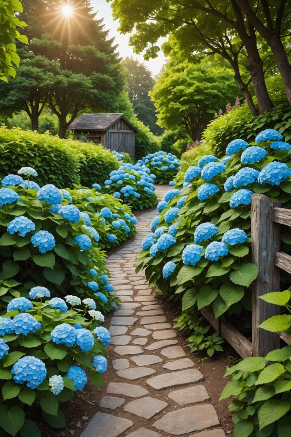 Stone Pathways Through Hydrangea Beds