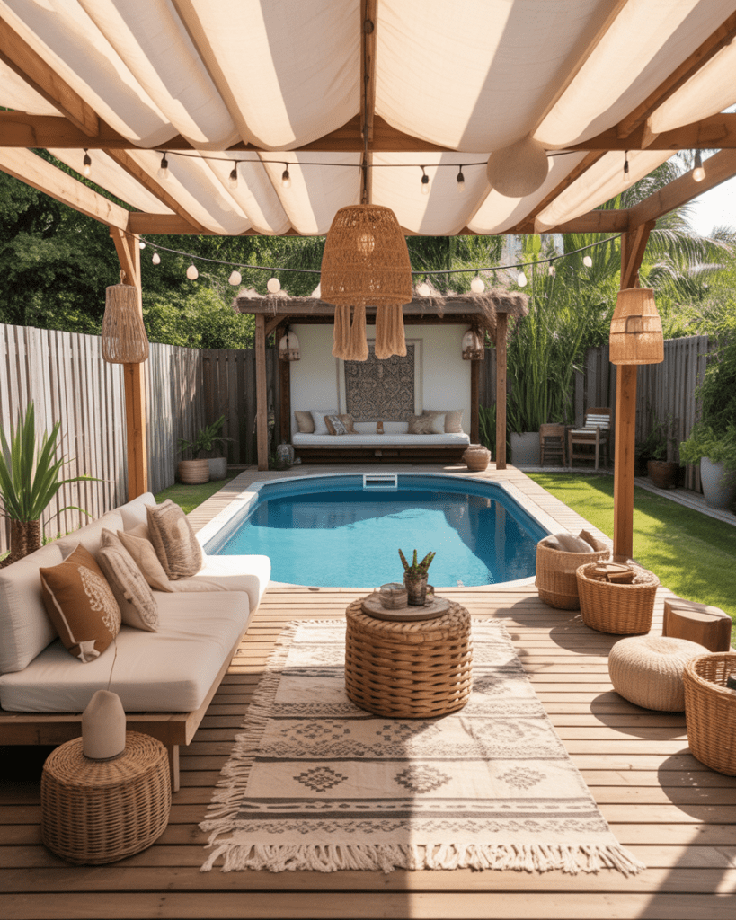 Boho-Style Pool Deck with a Fabric Canopy