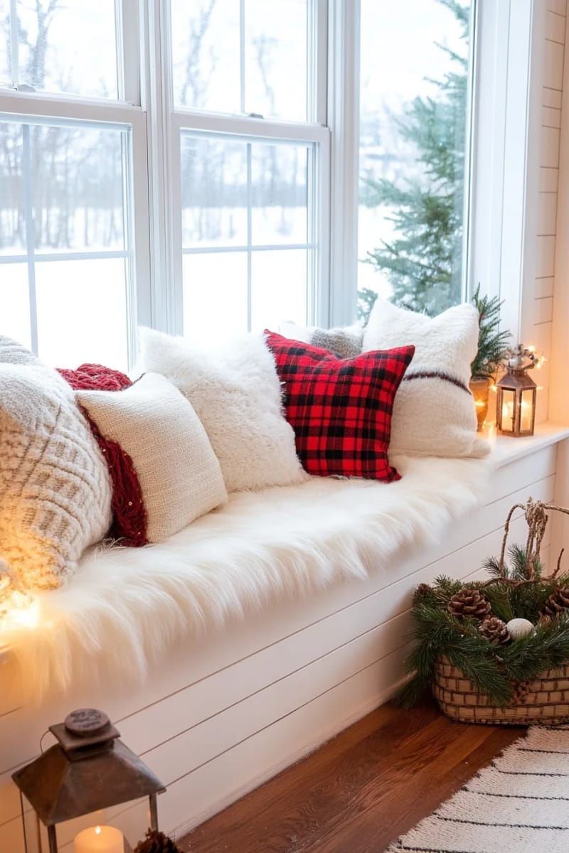 21. Faux Fur Throws On Shiplap Bench
