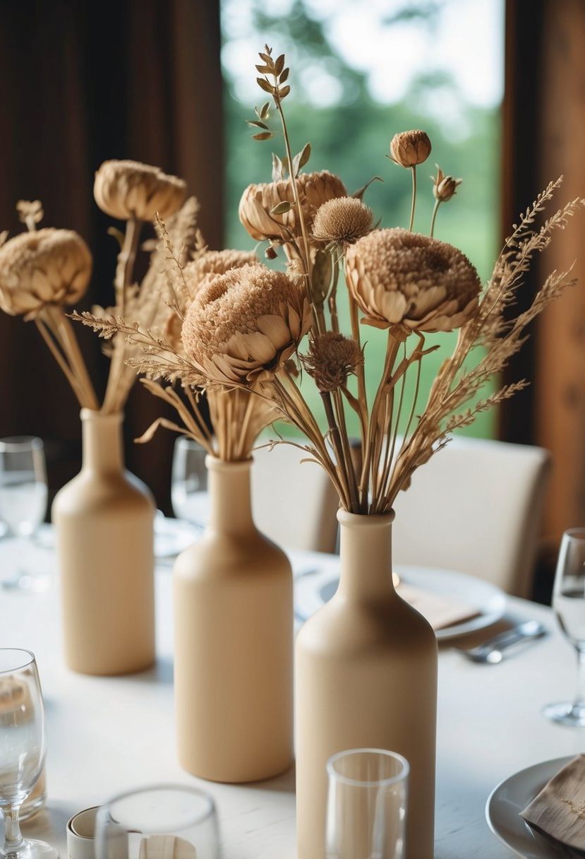 15) Beige Vase Displays with Dried Flowers