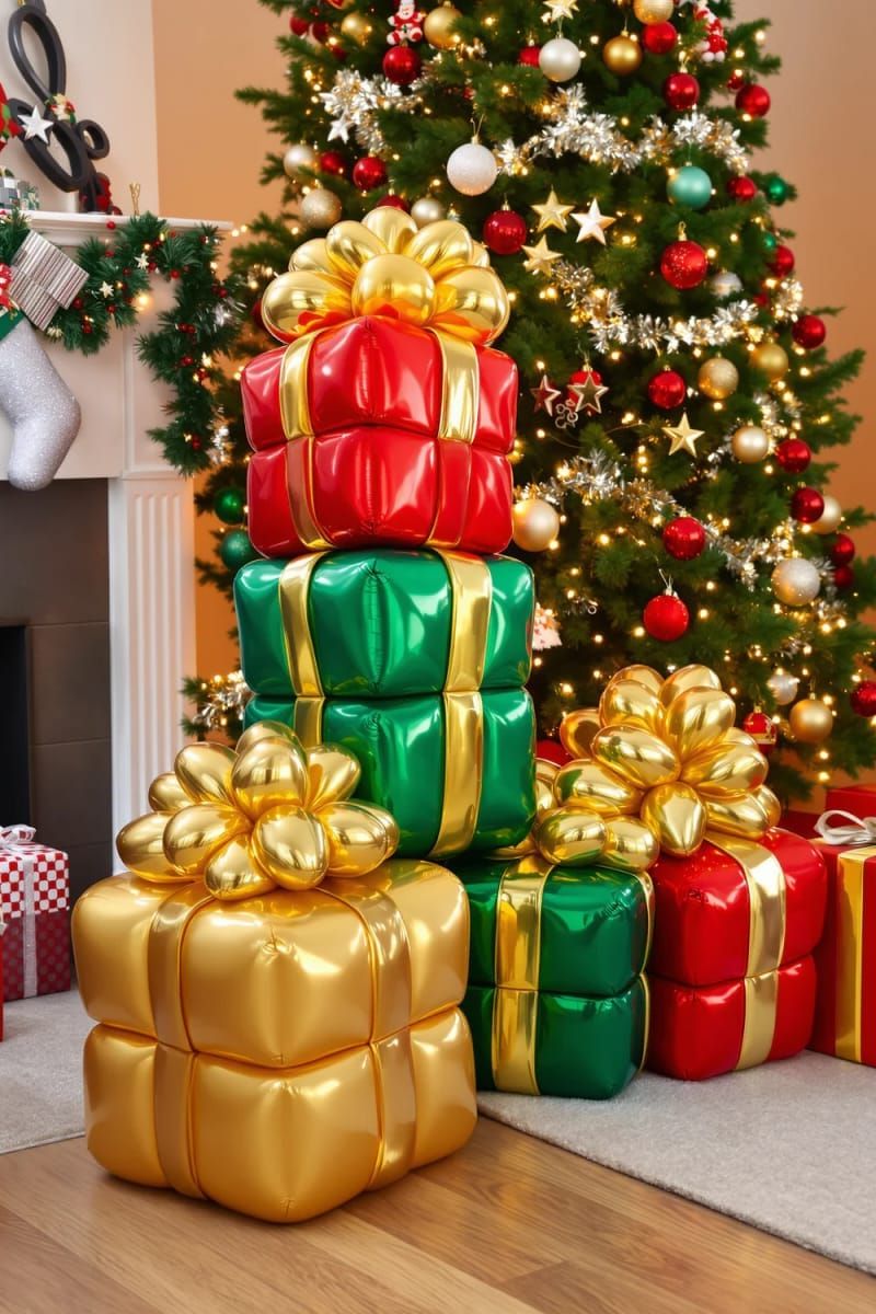 6. Stacked balloon gift boxes under the tree