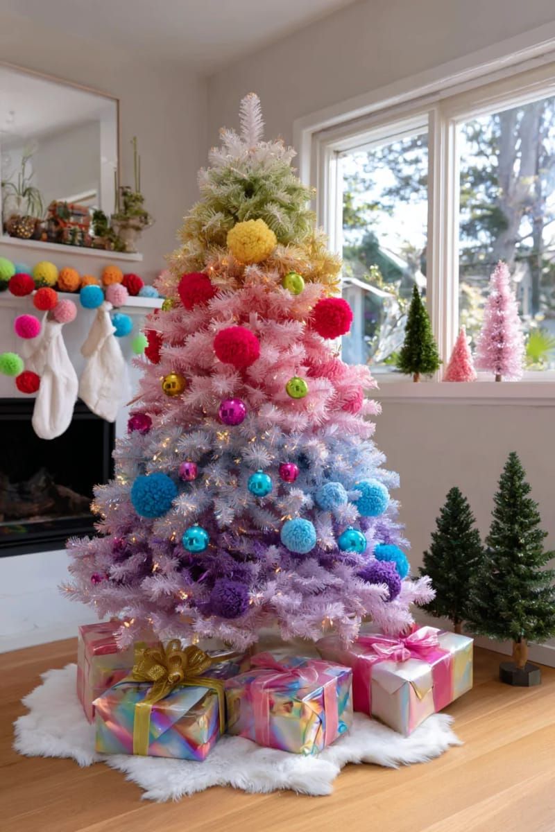 11. Bold rainbow tree with pom-poms and bright ornaments