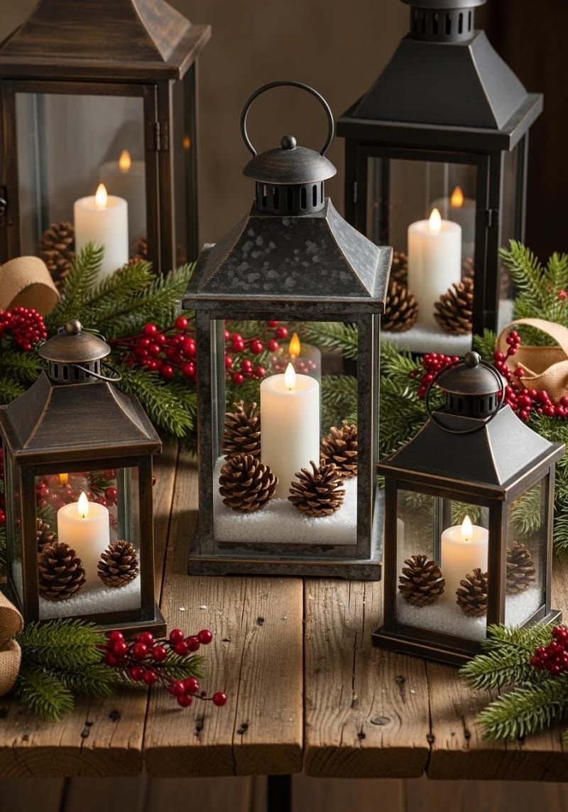 7. Country Lanterns With Snow And Pinecones